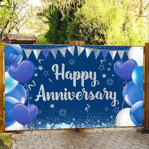 Vista 7 de Cartel de fiesta de feliz aniversario azul marino, póster grande de fondo de boda y cumpleaños, 70.8 x 43.3 pulgadas