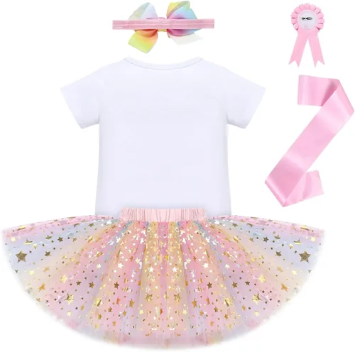 Vista 2 de IDOPIP Conjunto de 5 piezas de ropa para bebé con diseño de arco iris para 1er 2 3 cumpleaños para niña, Rosa - Arco iris
