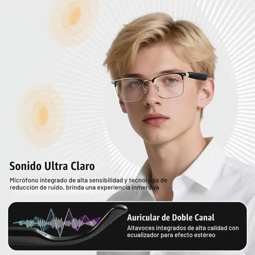 Vista 4 de Gafas inteligentes, gafas con filtro de luz azul, gafas de sol Bluetooth, lente fotocrómica, micrófono y altavoz integrados (GS13-dorado+marco negro)