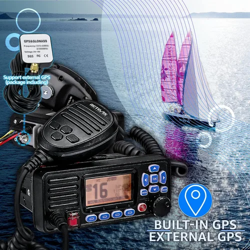 Vista 2 de Retevis RA27 Radio marina de montaje fijo con GPS, DSC, 25W, IP67 impermeable VHF Radio Marina, largo alcance, NOAA, canales marinos