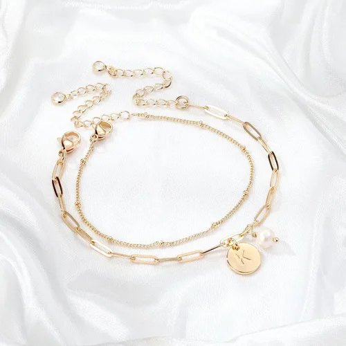 Vista 7 de Pulseras con inicial de oro para mujer, chapado en oro de 14 quilates, pulsera con inicial de letra, ajustable, con eslabones en capas, pulsera