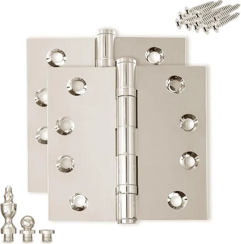 Vista 13 de Bisagra de puerta de latón macizo, rodamiento de bolas resistente, 4 x 4 pulgadas, con puntas decorativas de rosca incluidas, juego de 4 bisagras
