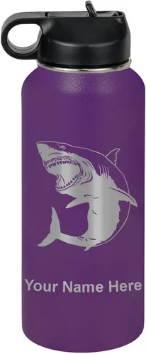 Vista 46 de LaserGram Botella de agua personalizada, gran tiburón blanco, acero inoxidable de doble pared aislada al vacío con popote superior, regalo grabado