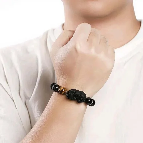 Vista 19 de Pulsera de obsidiana negra, pulsera de obsidiana negra Feng Shui para mujeres y hombres, pulsera elástica de obsidiana con piedra de ojo de tigre
