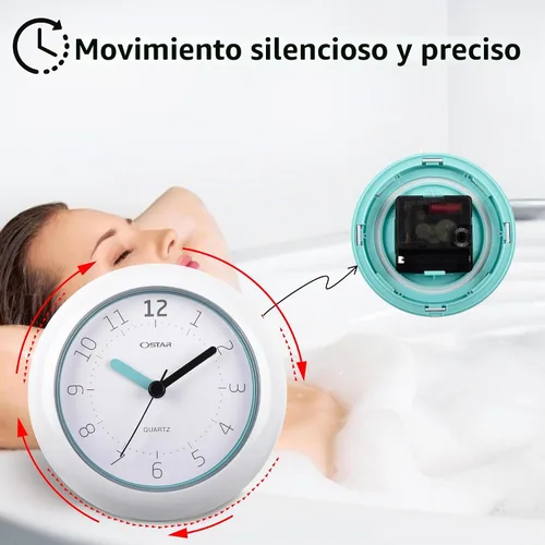 Vista 8 de OSTAR Reloj de ducha de baño impermeable, reloj analógico de cuarzo, soporte colgante de doble propósito, funciona con pilas AA, tamaño redondo