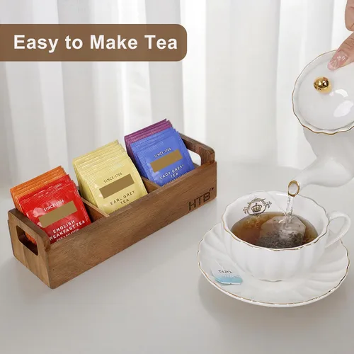 Vista 7 de HTB Caja Pequeña de Bolsitas de Té de Madera, 3 Compartimentos, Cofre de Bolsitas de Té de Madera de Acacia con Asa, Mini Contenedor