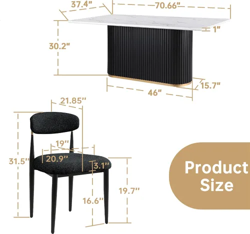 Vista 2 de Juego de mesa de comedor moderno Morden Fort para 4, mesa de cocina de 70" con tapa rectangular de mármol y base estriada negra, 4 sillas tapizadas