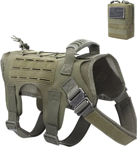 Vista 6 de Arnés para perros medianos y grandes, arnés táctico para perro con bolsa Molle, chaleco de servicio ajustable con hebilla de metal 3X con panel