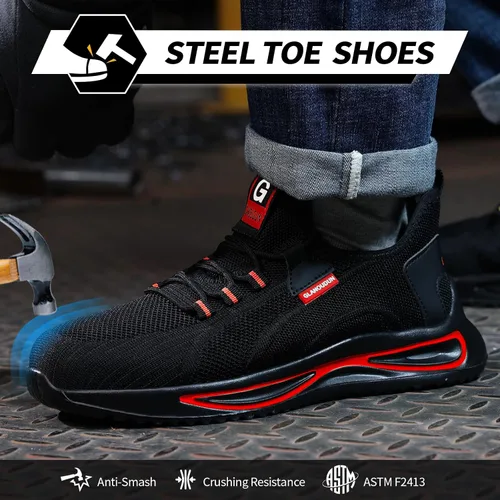 Vista 2 de GLANOUDUN Zapatos de punta de acero para hombre, zapatos de trabajo ligeros para hombres, zapatos de trabajo negros con punta de acero, zapatos
