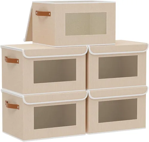 Vista 13 de Cajas de almacenamiento plegables con tapas, organizadores de armario de lino, contenedores de almacenamiento de 10.2 x 7.8 x 6.7 pulgadas para Beige
