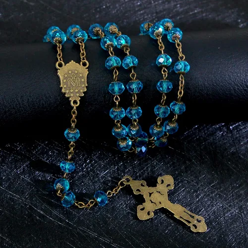 Vista 37 de KOMI Rosario de cuentas católicas para mujer, collar de cuentas de rosario con cruz de crucifijo, perlas de cristal, rosario, rosarios, católicos
