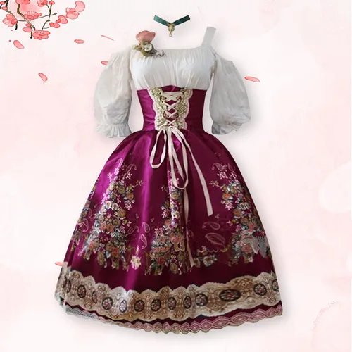 Vista 2 de eczipvz Vestido renacentista para mujer, vestido gótico de sirvienta con volantes, manga de corsé, vestido victoriano, vestido de cosplay