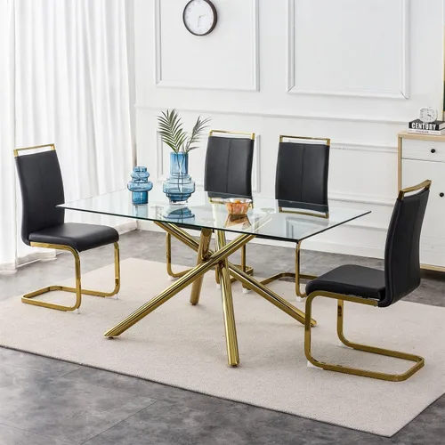 Vista 8 de LKTART Mesa de comedor rectangular de vidrio de 71 pulgadas con mesa de vidrio templado de 0.39 pulgadas y patas de metal cromado dorado
