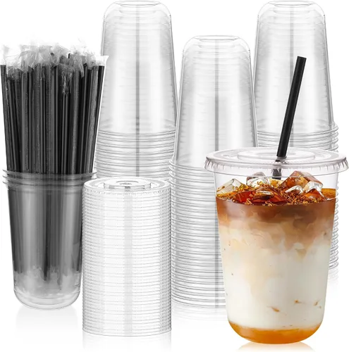 Vista 13 de tchrules Juego de 100 vasos de plástico negro de 12 onzas con tapas y pajitas, taza de café helado desechable con tapa, parte inferior redonda