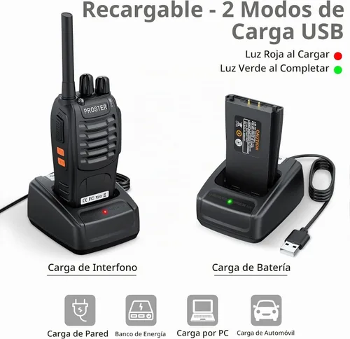 Vista 4 de Proster Walkie Talkies recargables, 1 par, radios bidireccionales de largo alcance de 16 canales con cargador USB, micrófono de auricular