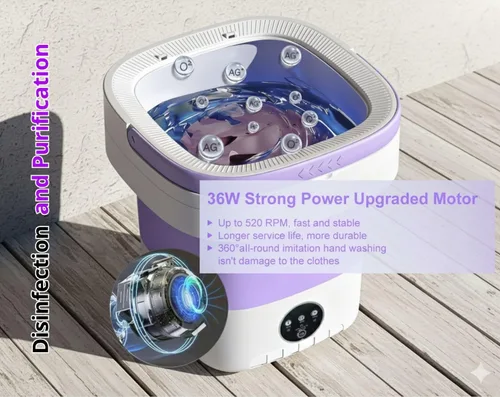 Vista 5 de Mini lavadora plegable eléctrica portátil 16L - Control digital táctil para ropa de bebé, ropa interior, camping, RV - Función de giro - Morado