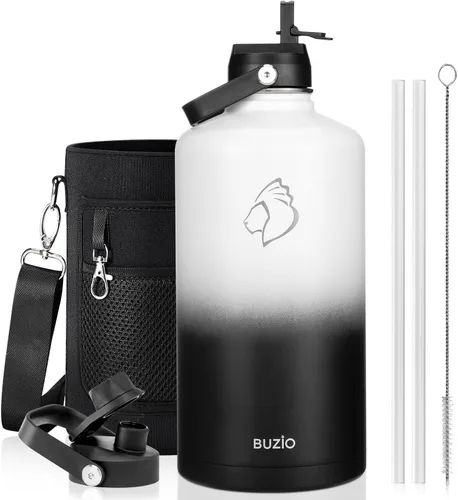 Vista 101 de BUZIO Botella de agua aislada de 24 oz, frasco de agua de boca ancha de acero inoxidable con tapa de pajita, frío durante 48 horas a prueba de Negro