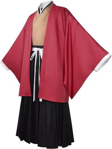 Vista 2 de Tsugikuni Yoriichi - Disfraz de kimono para cosplay con peluca y pendiente, uniforme rojo, conjunto completo de Halloween