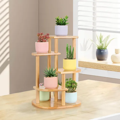 Vista 7 de Jotsport Soporte de bambú de 5 niveles para plantas, estante pequeño para alféizar de ventana, mini suculentas, soporte de exhibición para sala