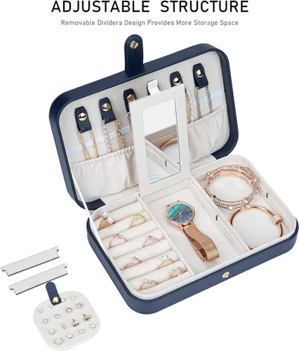 Vista 4 de Joyero de viaje, joyero pequeño de piel sintética portátil, estuche de viaje para anillos, aretes, collares, pulseras, relojes, azul marino B