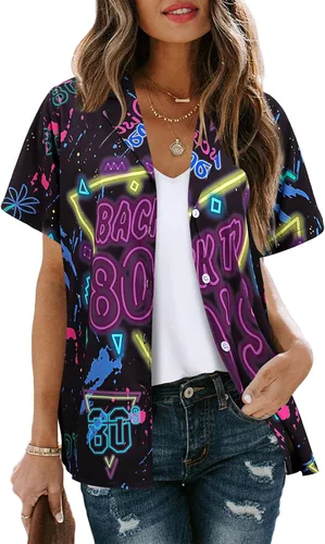 Vista 3 de MYHALF Traje de los años 80 para mujer, camisas de neón de los años 80, trajes de fiesta temática de los años 80 y 90, trajes retro de manga corta
