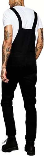 Vista 3 de Overoles de mezclilla desgastados para hombre con pechera de mezclilla para hombre, pantalones negros con tirantes