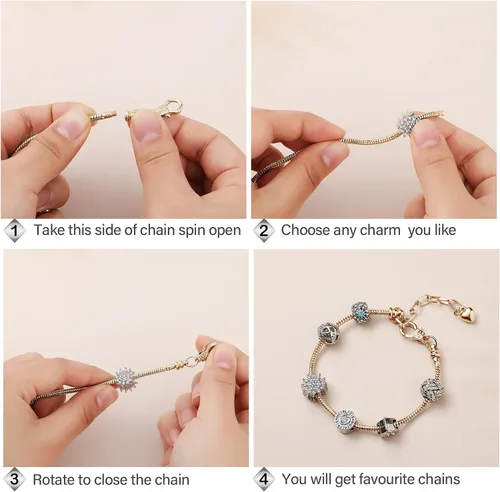 Vista 3 de Hicarer - 20 pulseras de serpiente ajustables para hacer joyas, cadenas de acero inoxidable doradas y plateadas con extensor de corazón