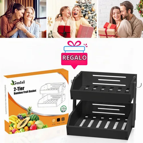 Vista 7 de Gmtsl Cesta de frutas de bambú para cocina, frutero de 2 niveles para encimera de cocina, soporte grande para frutas con 2 ganchos para plátanos