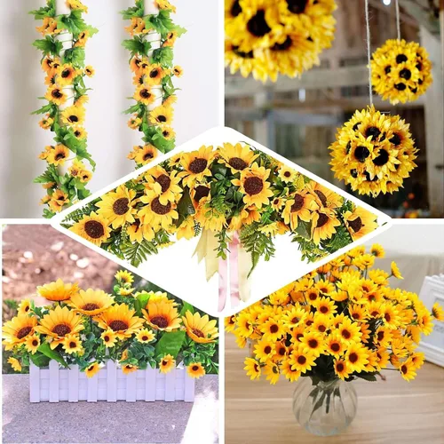 Vista 5 de Efavormart - 5 arbustos 70 girasoles artificiales amarillos de seda Decoración de jarrón