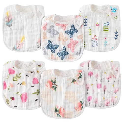 Vista 10 de Zainpe 6 piezas de baberos de algodón de muselina con broches para bebé con patrón de conejo, oso, oveja, pañuelos para babero suaves, absorbentes