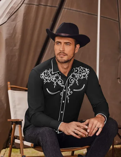 Vista 3 de COOFANDY Camisa bordada de manga larga para hombre, ajustada, informal, con botones