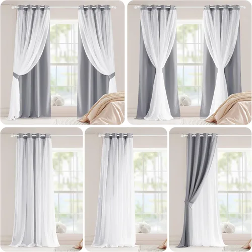 Vista 7 de PONY DANCE Cortinas Opacas con Superposición de Gasa, Cortinas de Doble Capa con Aislamiento Térmico Mix & Match para Oscurecer Habitaciones