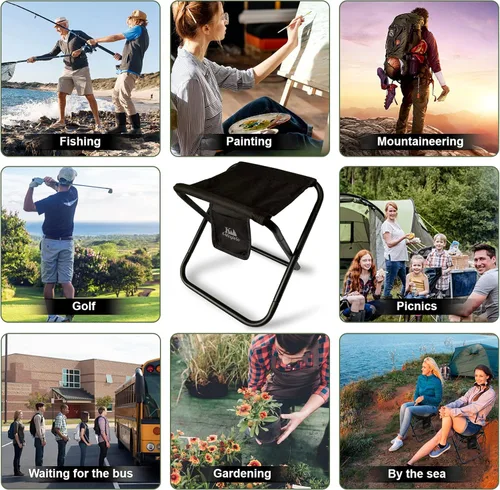 Vista 6 de Taburete plegable portátil mejorado, taburete de campamento de 13 pulgadas para adultos, pesca, senderismo, jardinería y playa, con bolsa de Negro
