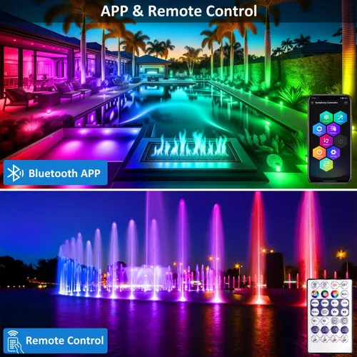 Vista 3 de T-SUN Luces de estanque de colores con aplicación y control remoto – Luces LED brillantes sumergibles bajo el agua, IP68 impermeable foco de paisaje