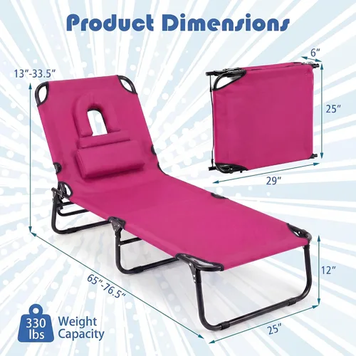 Vista 3 de Goplus Silla de bronceado, silla de playa plegable con agujero facial, almohada extraíble, correa de transporte, posición ajustable, silla
