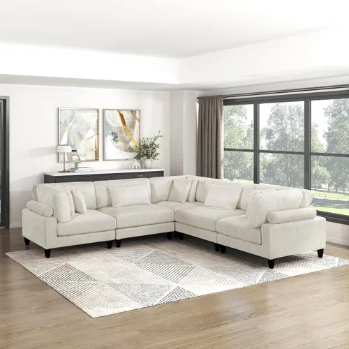 Vista 32 de Lexicon Sofá modular de 120 pulgadas, sofá modular de microfibra de gran tamaño de 4 plazas en forma de L, 6 almohadas decorativas y arreglo Beige