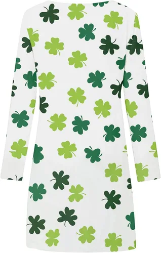 Vista 2 de Bonitos vestidos de jardín para mujer, de otoño e invierno, cuello redondo, manga larga, estampado del día de San Patricio