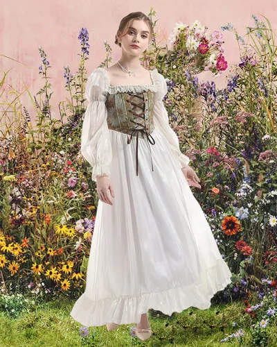 Vista 2 de NSPSTT Vestido renacentista blanco para mujer, disfraz medieval victoriano