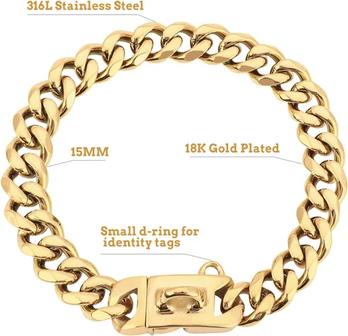 Vista 2 de BAOBOTE Collar de perro de acero inoxidable dorado de 0.59 pulgadas con cadena de eslabones cubanos resistente a prueba de mordidas, collar