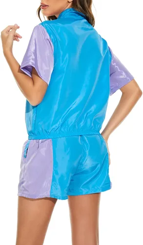 Vista 3 de Yisfri Conjunto de 2 piezas rompevientos con bloques de color para mujer, manga corta, cremallera frontal, cintura elástica