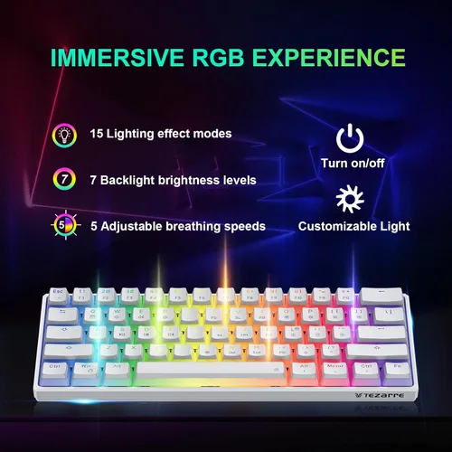 Vista 4 de Tezarre Teclado mecánico para juegos TK61 60 Hotswap con teclas PBT Puddin con retroiluminación RGB USB teclas completas programables para jugadores