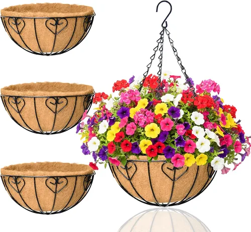 Vista 10 de Macetas colgantes para plantas de exterior, paquete de 4 cestas colgantes de metal de 12 pulgadas con forro de fibra de coco y alambre para plantas