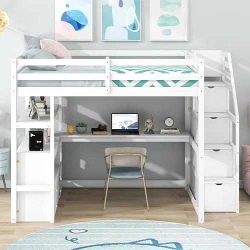 Vista 3 de Quarte Cama alta multifuncional, cama alta tamaño matrimonial con escritorio integrado y estantes de almacenamiento, dos cajones y escalera