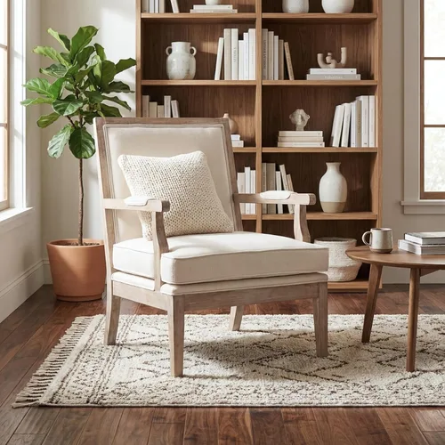Vista 7 de Silla decorativa moderna de granja, sillón tapizado ancho de lino con reposabrazos, silla de lectura de madera maciza de campo francés para sala