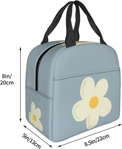 Vista 4 de Lonchera Kawaii con diseño de margaritas azules para mujeres y hombres, bonita lonchera aislada con bolsillo frontal para el trabajo, picnic y viajes