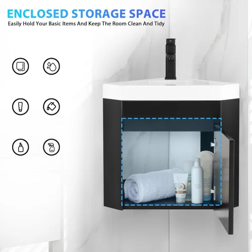 Vista 4 de eclife Combo de lavabo de baño esquinero de 22 pulgadas para espacio pequeño, armario flotante montado en la pared con fregadero de resina blanca