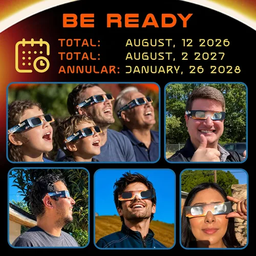 Vista 5 de 6/12/25/50 Pack Solar Eclipse Glasses AAS Approved 2026, ISO 12312-2 Certified Made in USA