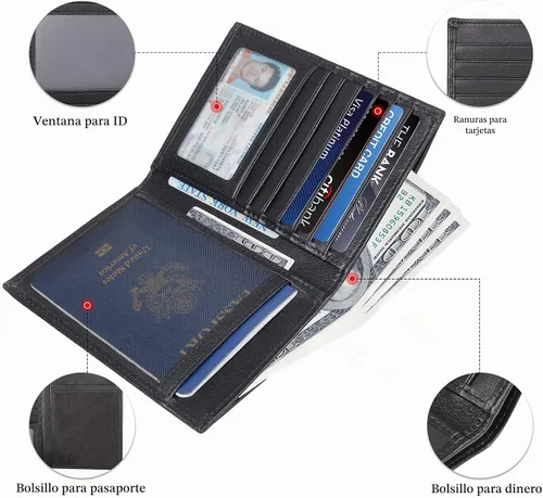 Vista 5 de Polare - Cartera de viaje de piel con bloqueo RFID para hombres y mujeres, Negro -, Cartera con bloqueo RFID