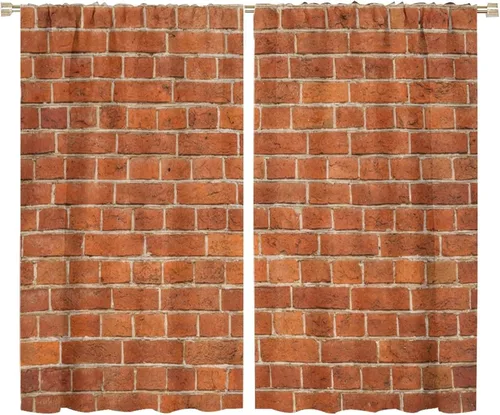 Vista 9 de Cortinas opacas para pared de ladrillo, rústicas, para pared de ladrillo, naranja y rojo, impresión artística para sala de estar, dormitorio