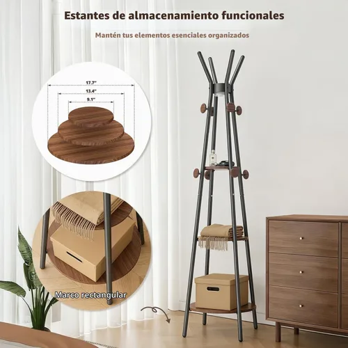 Vista 5 de young master Perchero, Perchero independiente con 3 estantes y 12 ganchos, Árbol perchero con luz con sensor de movimiento para entrada, sala